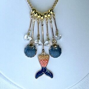 Handmade Seashell Mermaid Tail Genuine Crystal Quartz Gold Bar Dangle Necklace